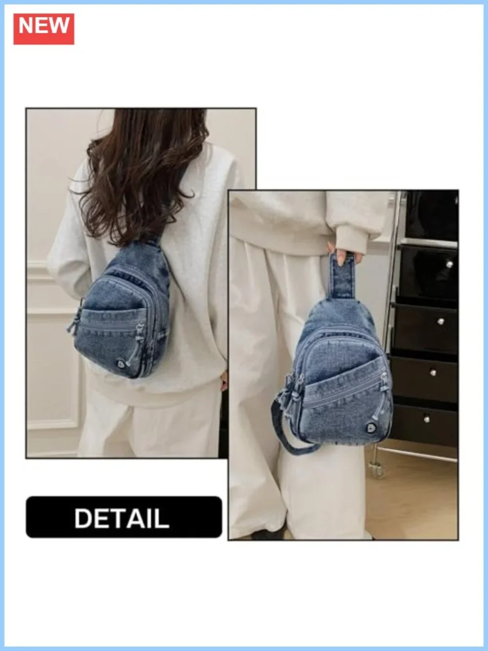 Y2K Denim Sling Bag Crossbody Chest Bag Faded Wash Jean Purse